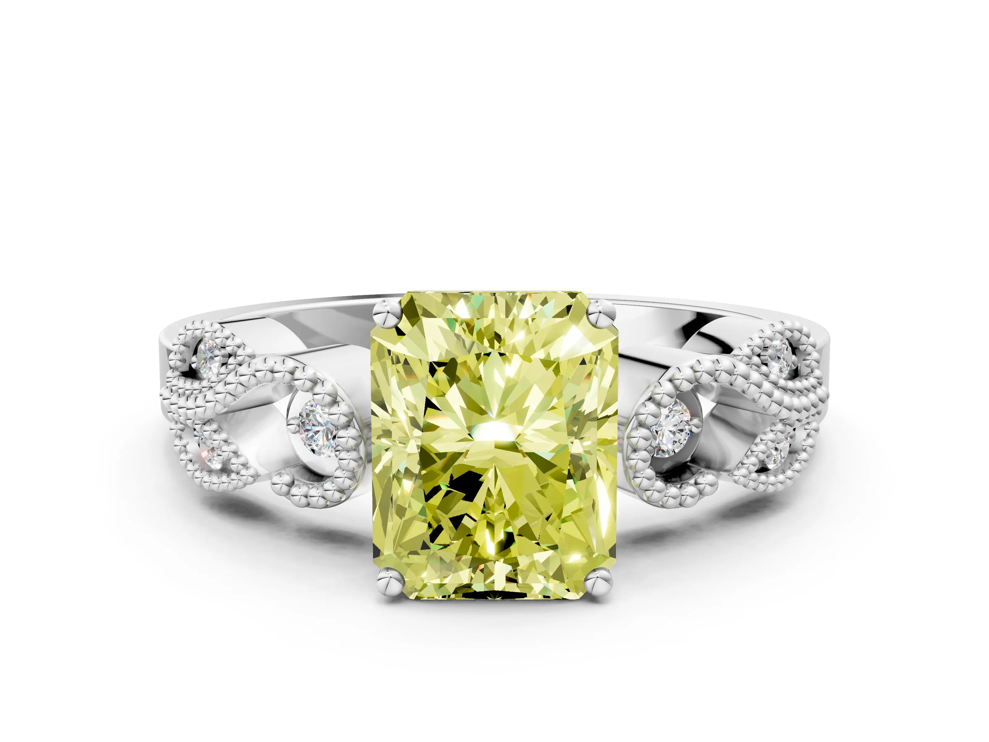 White gold Fancy Yellow Princess Cut Solitaire Milgrain Leaf Band with Prong Setting_12