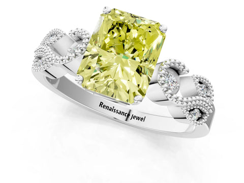 White gold Fancy Yellow Princess Cut Solitaire Milgrain Leaf Band with Prong Setting_13