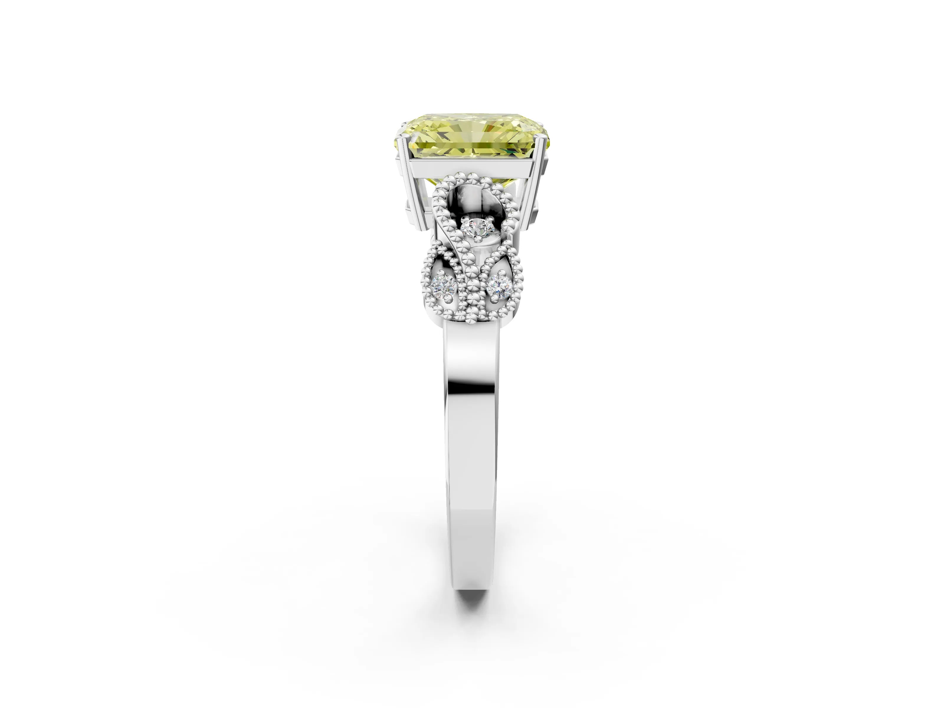 White gold Fancy Yellow Princess Cut Solitaire Milgrain Leaf Band with Prong Setting_14