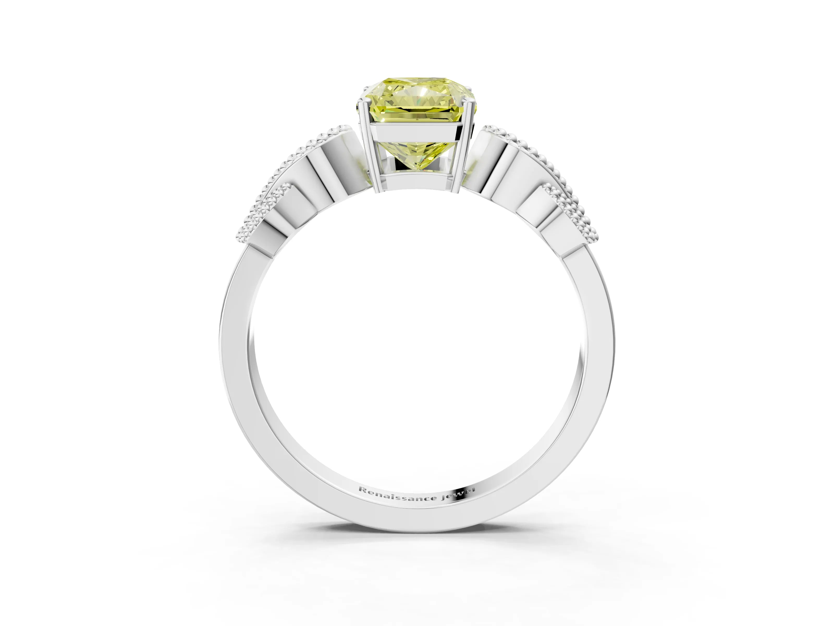 White gold Fancy Yellow Princess Cut Solitaire Milgrain Leaf Band with Prong Setting_15