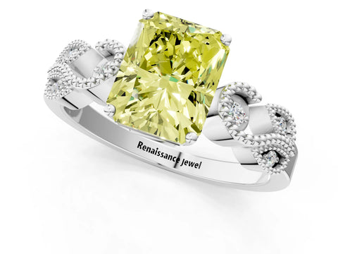 White gold Fancy Yellow Princess Cut Solitaire Milgrain Leaf Band with Prong Setting_1