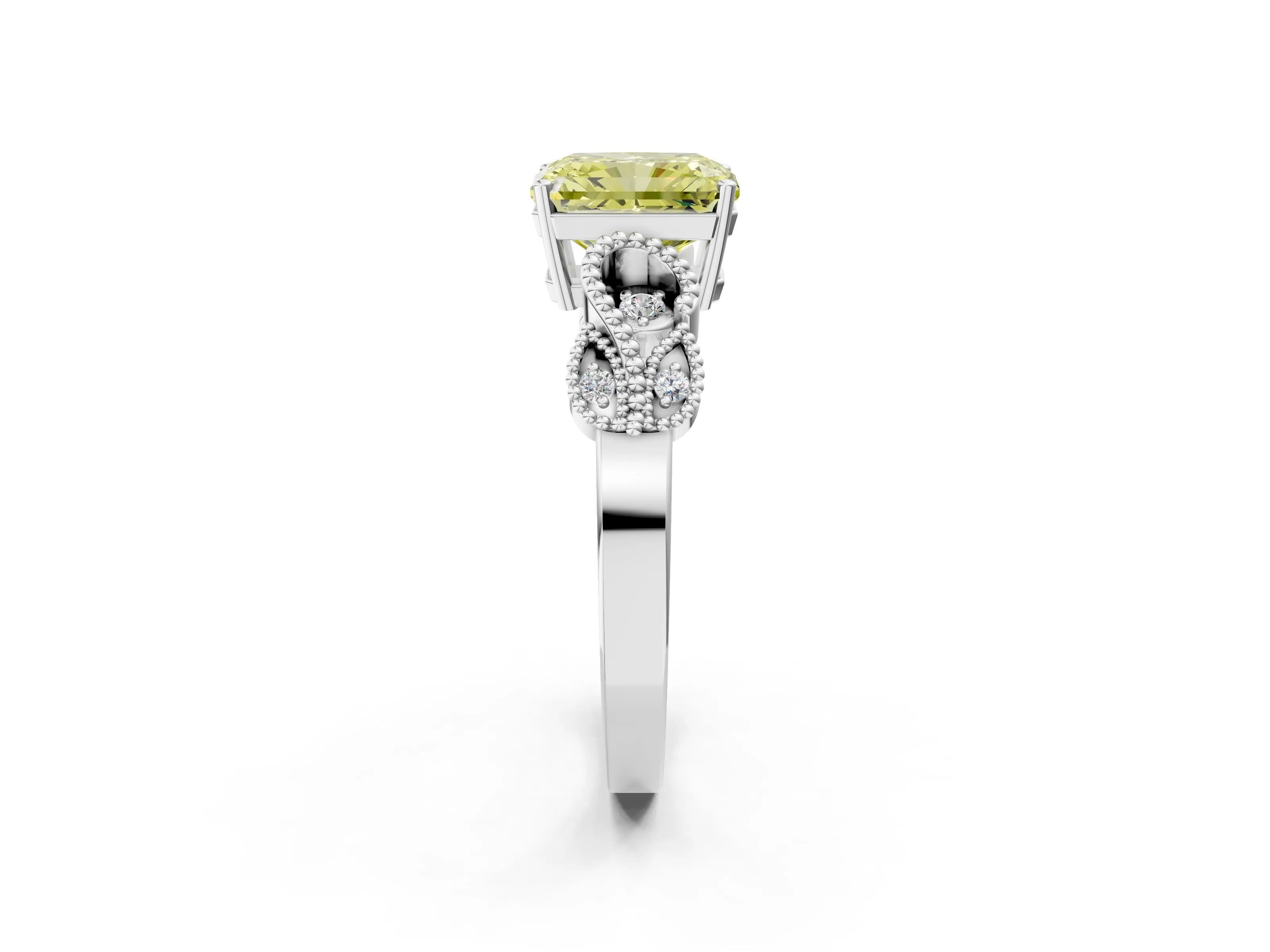 White gold Fancy Yellow Princess Cut Solitaire Milgrain Leaf Band with Prong Setting_2