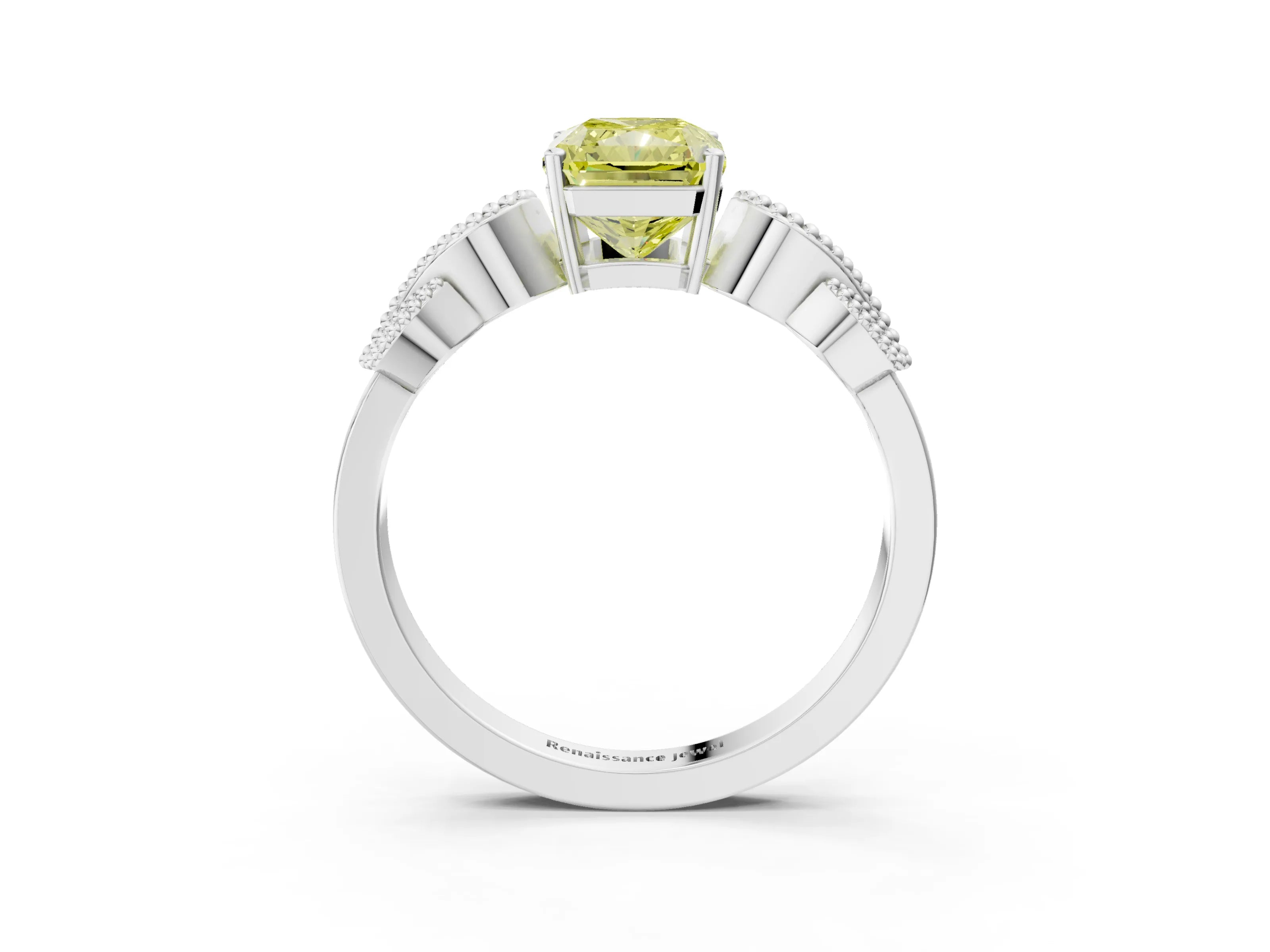White gold Fancy Yellow Princess Cut Solitaire Milgrain Leaf Band with Prong Setting_3
