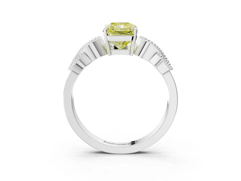 White gold Fancy Yellow Princess Cut Solitaire Milgrain Leaf Band with Prong Setting_3