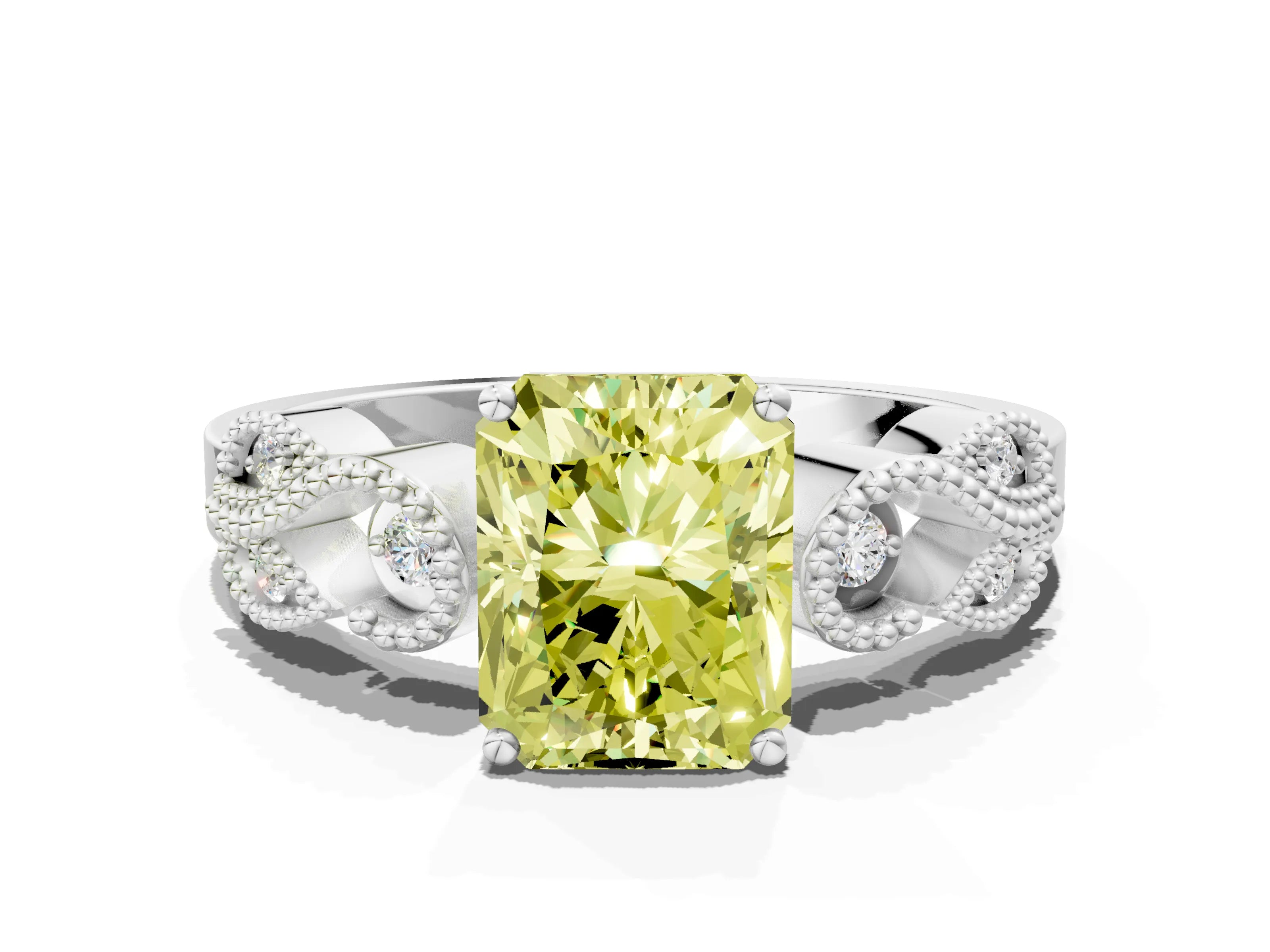 White gold Fancy Yellow Princess Cut Solitaire Milgrain Leaf Band with Prong Setting
