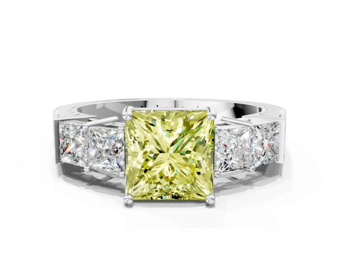 White gold Fancy Yellow Princess Cut Solitaire Princess Side Stone Engraved Band Prong Setting Ring_12