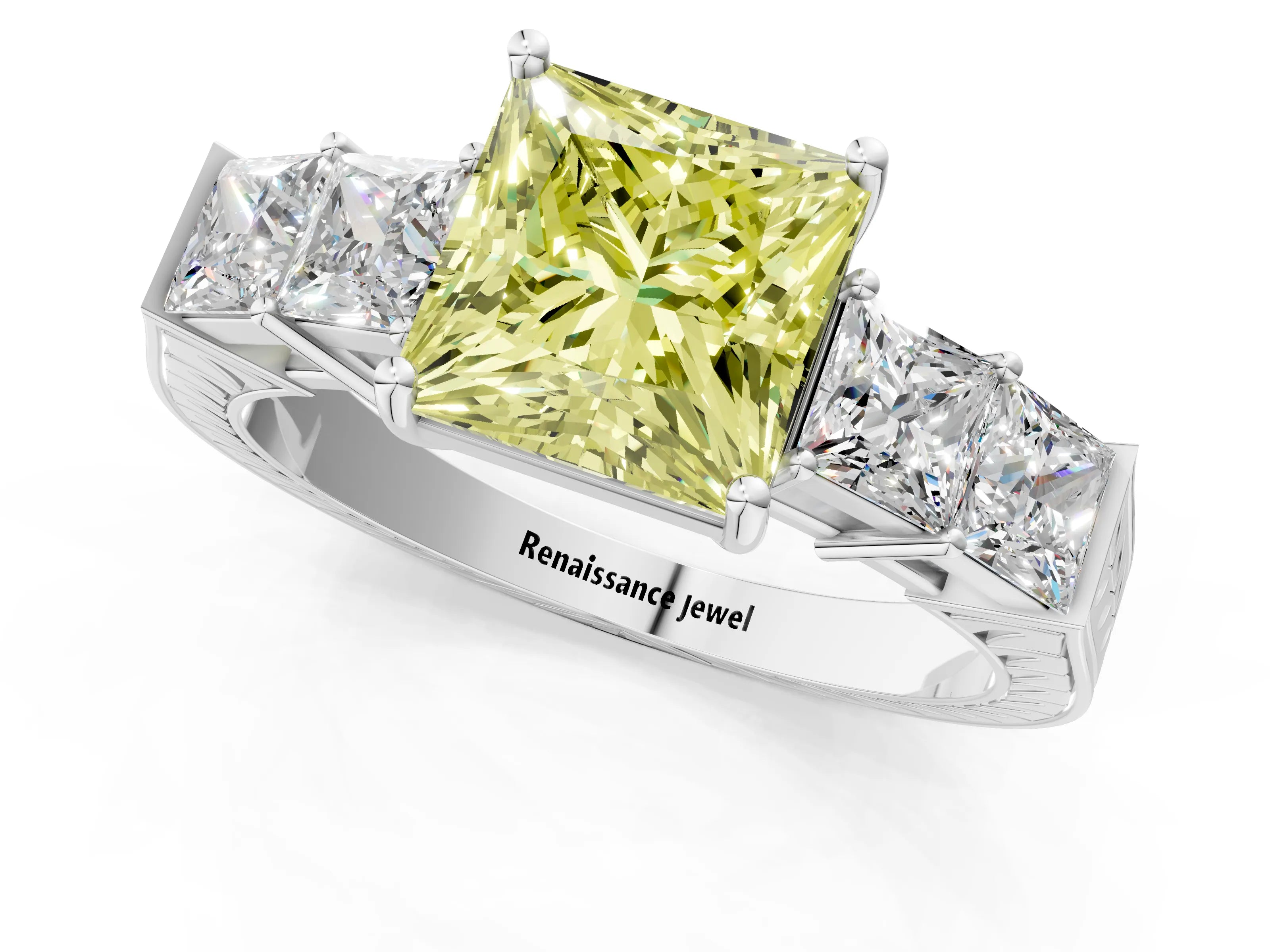 White gold Fancy Yellow Princess Cut Solitaire Princess Side Stone Engraved Band Prong Setting Ring_13