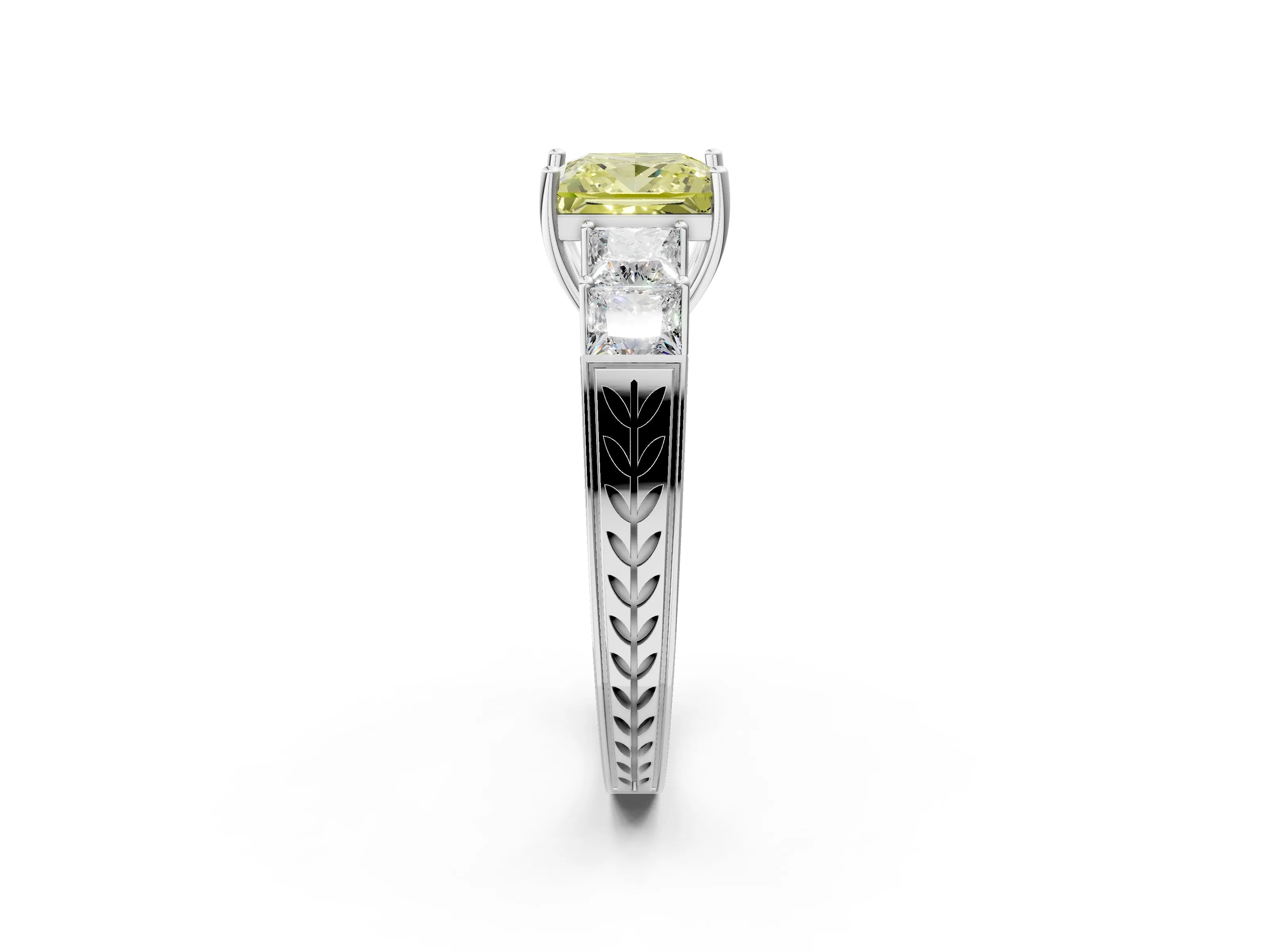 White gold Fancy Yellow Princess Cut Solitaire Princess Side Stone Engraved Band Prong Setting Ring_14