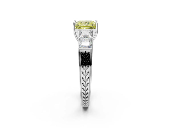 Platinum Fancy Yellow Princess Cut Solitaire Princess Side Stone Engraved Band Prong Setting Ring