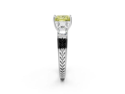 White gold Fancy Yellow Princess Cut Solitaire Princess Side Stone Engraved Band Prong Setting Ring_14
