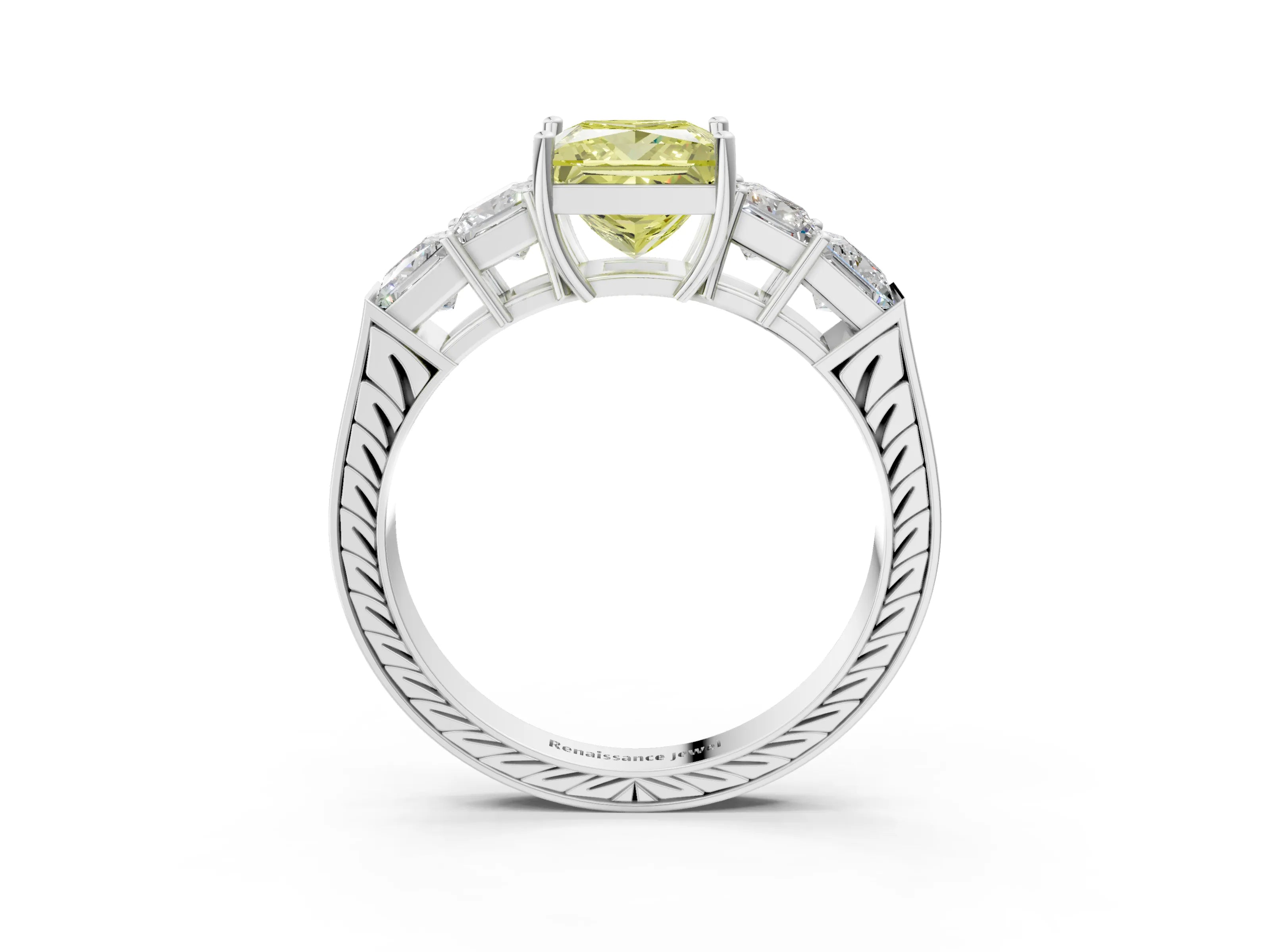 White gold Fancy Yellow Princess Cut Solitaire Princess Side Stone Engraved Band Prong Setting Ring_15