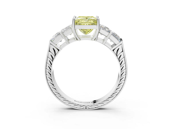 Platinum Fancy Yellow Princess Cut Solitaire Princess Side Stone Engraved Band Prong Setting Ring