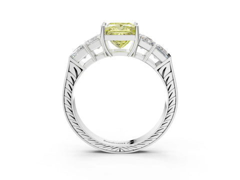 White gold Fancy Yellow Princess Cut Solitaire Princess Side Stone Engraved Band Prong Setting Ring_15