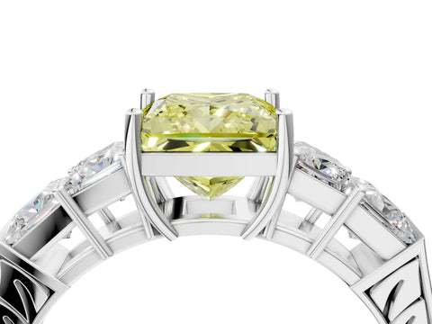 White gold Fancy Yellow Princess Cut Solitaire Princess Side Stone Engraved Band Prong Setting Ring_16