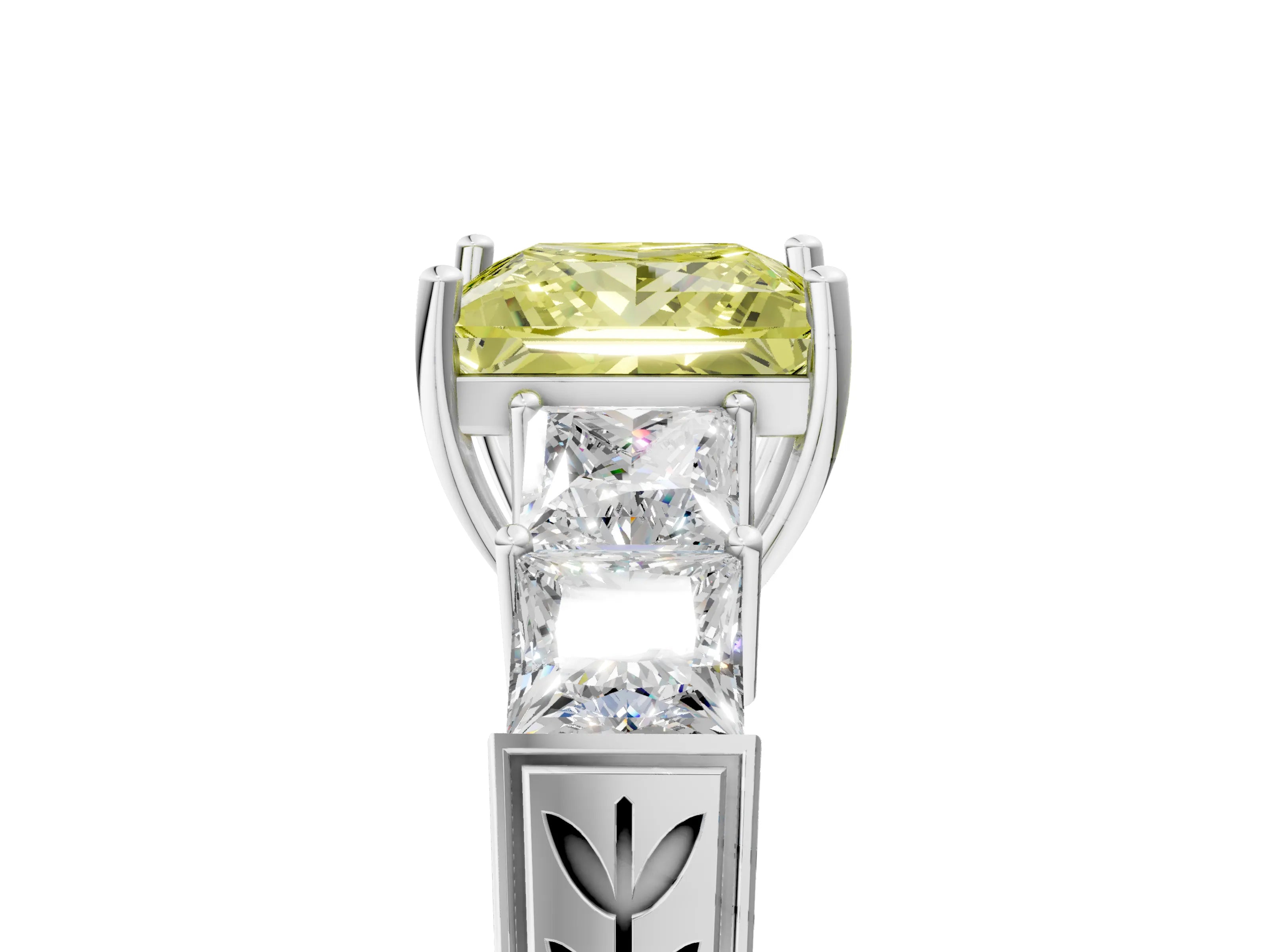 White gold Fancy Yellow Princess Cut Solitaire Princess Side Stone Engraved Band Prong Setting Ring_17