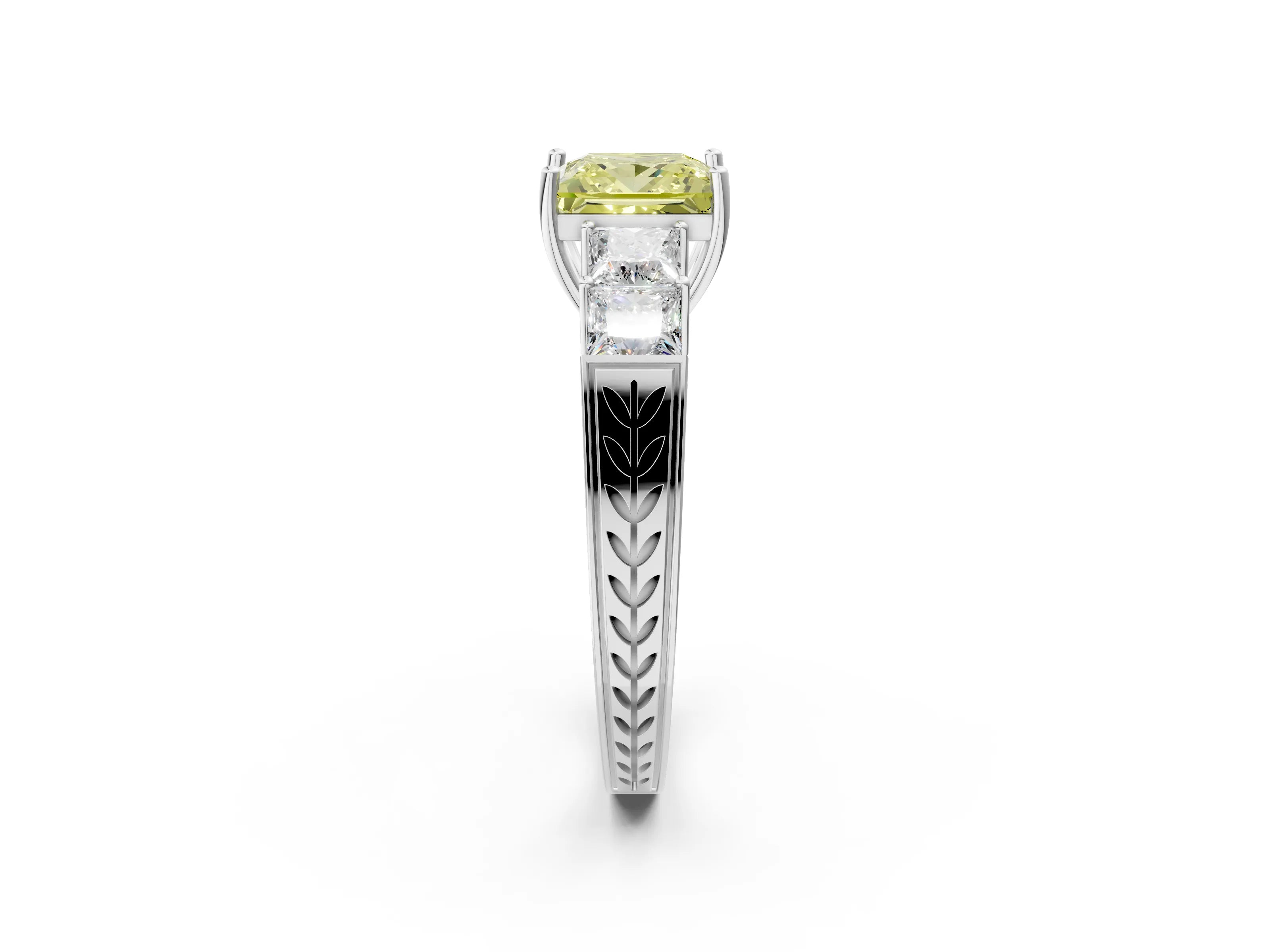 White gold Fancy Yellow Princess Cut Solitaire Princess Side Stone Engraved Band Prong Setting Ring_2