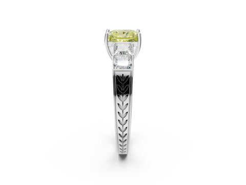 White gold Fancy Yellow Princess Cut Solitaire Princess Side Stone Engraved Band Prong Setting Ring_2