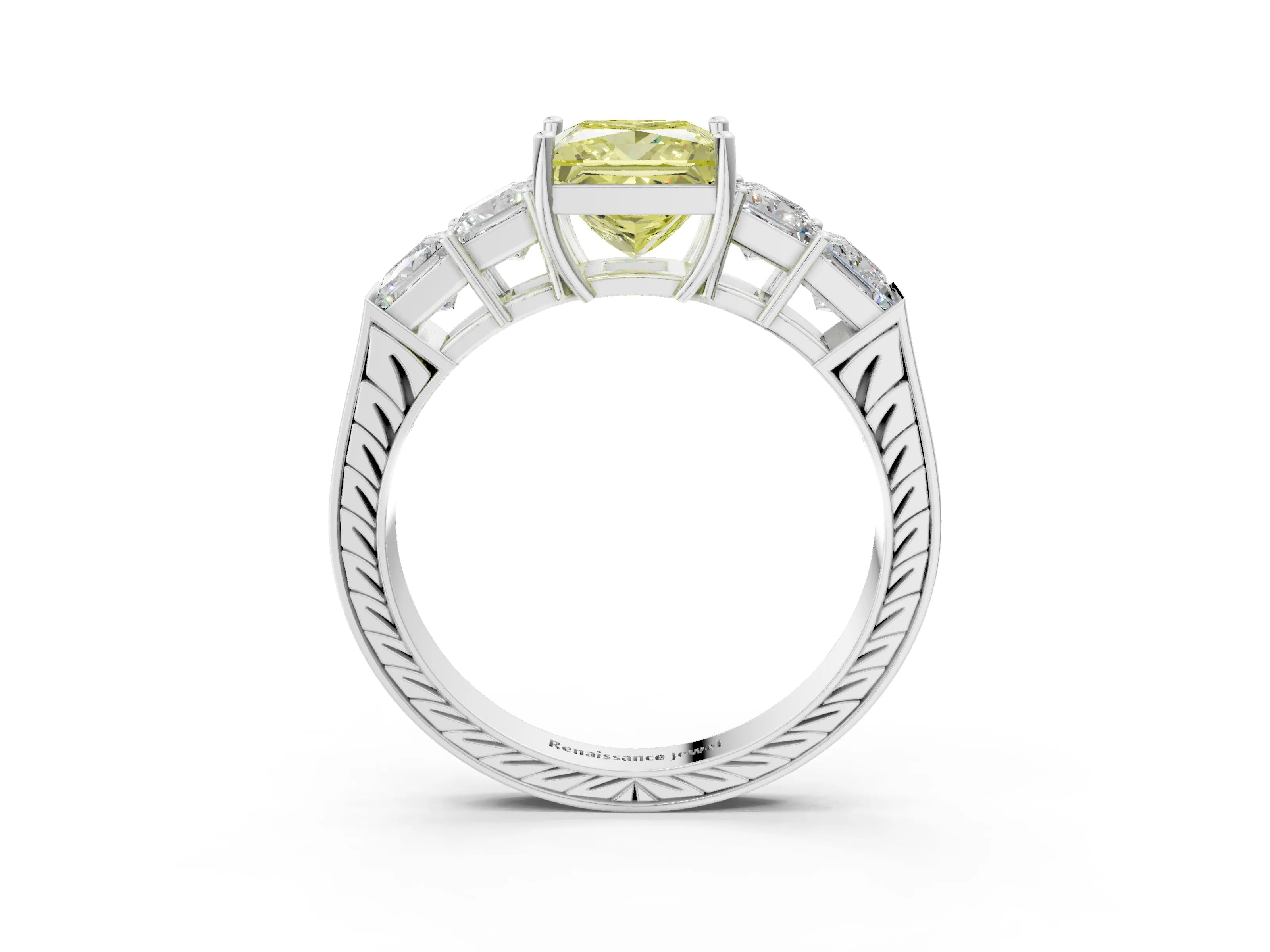 White gold Fancy Yellow Princess Cut Solitaire Princess Side Stone Engraved Band Prong Setting Ring_3