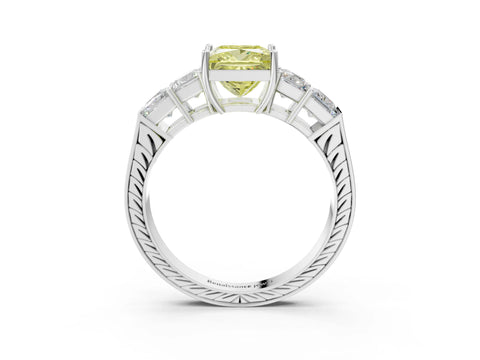 White gold Fancy Yellow Princess Cut Solitaire Princess Side Stone Engraved Band Prong Setting Ring_3