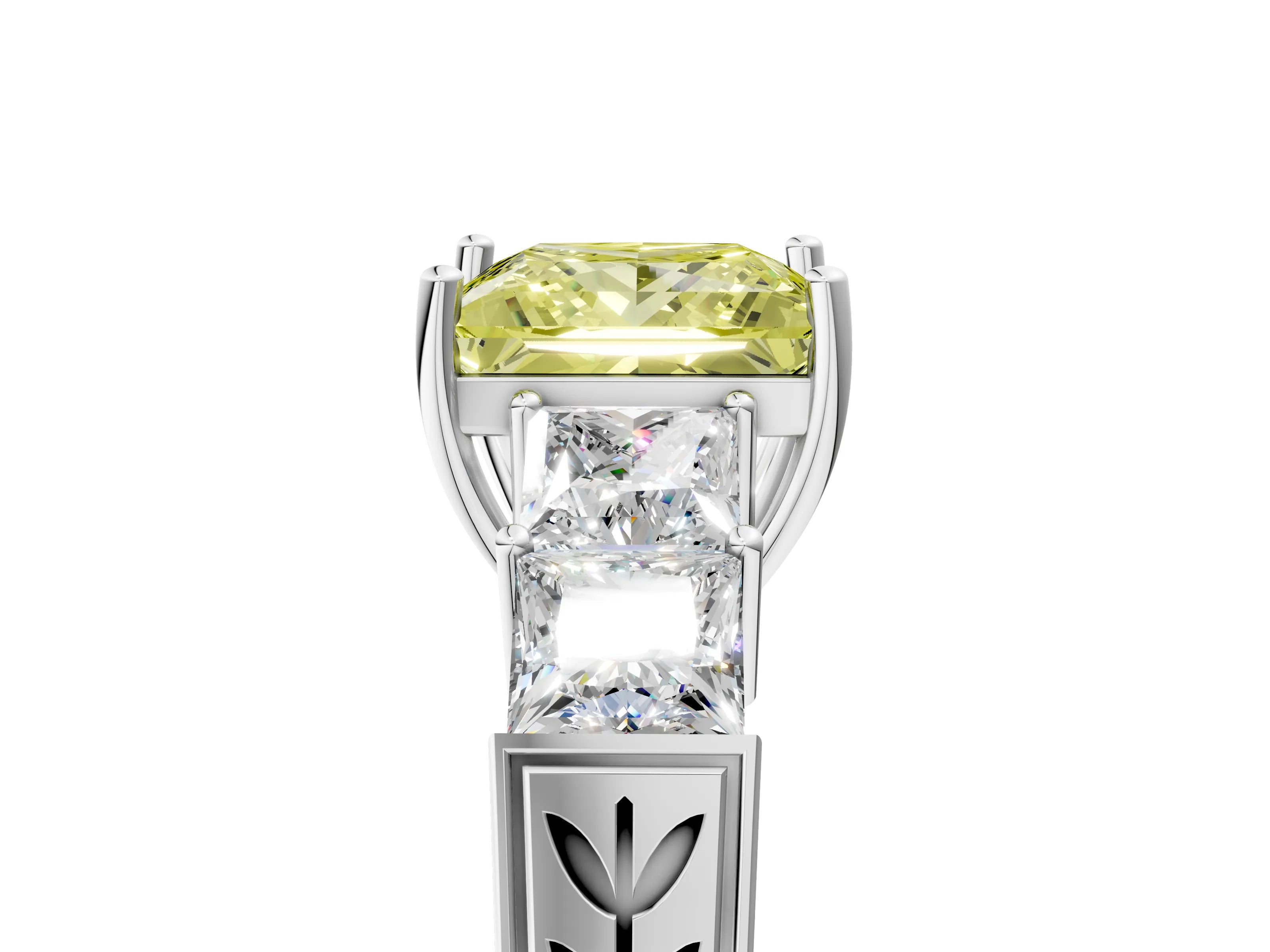 White gold Fancy Yellow Princess Cut Solitaire Princess Side Stone Engraved Band Prong Setting Ring_5