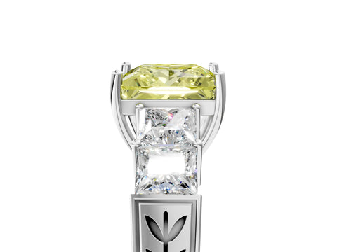White gold Fancy Yellow Princess Cut Solitaire Princess Side Stone Engraved Band Prong Setting Ring_5
