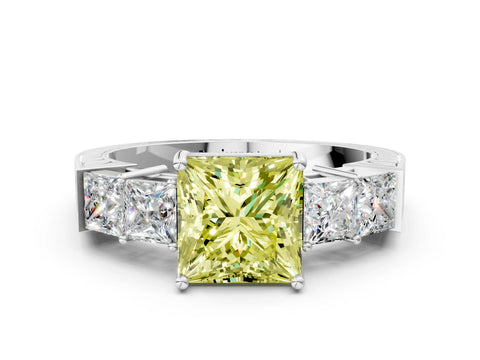 White gold Fancy Yellow Princess Cut Solitaire Princess Side Stone Engraved Band Prong Setting Ring
