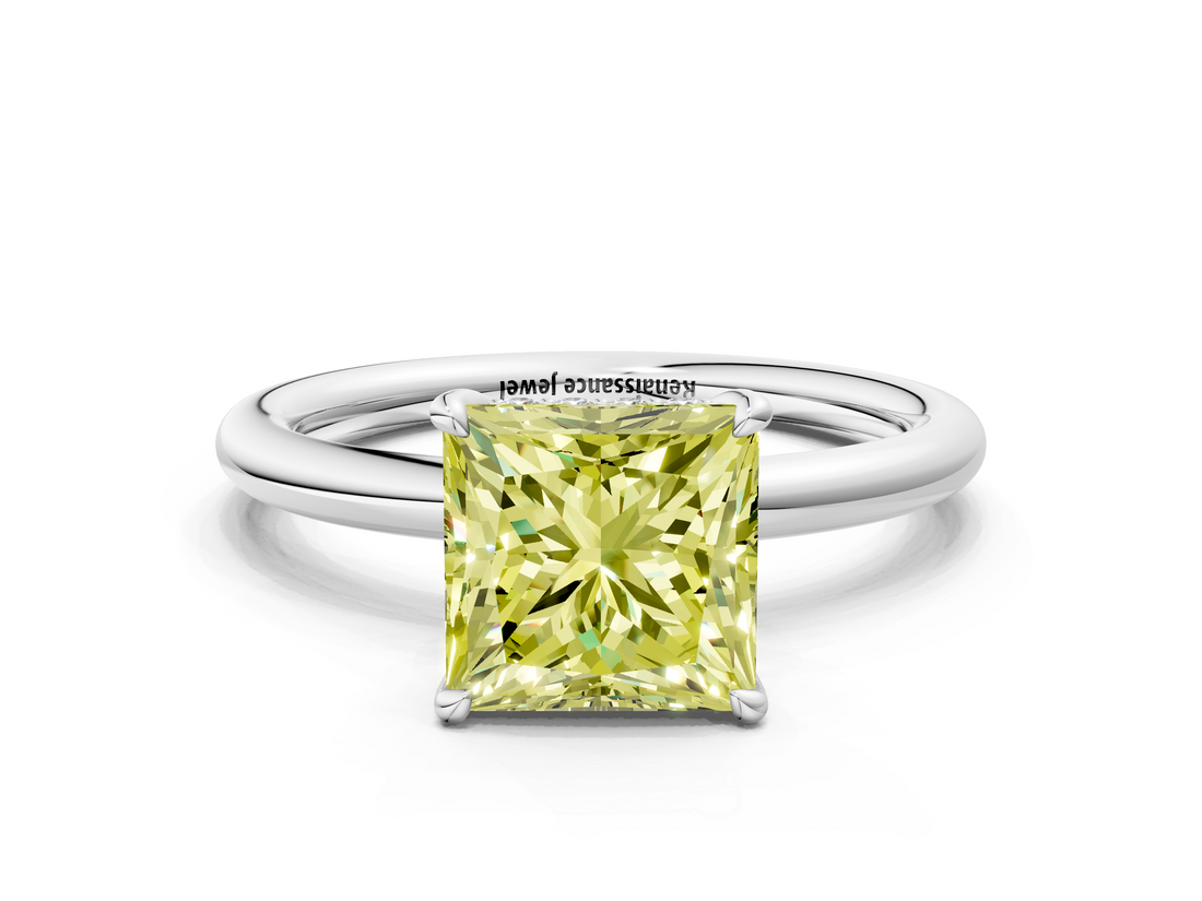 White gold Fancy Yellow Princess  Cut Solitaire Ring with Thin Band and Four-Prong Setting