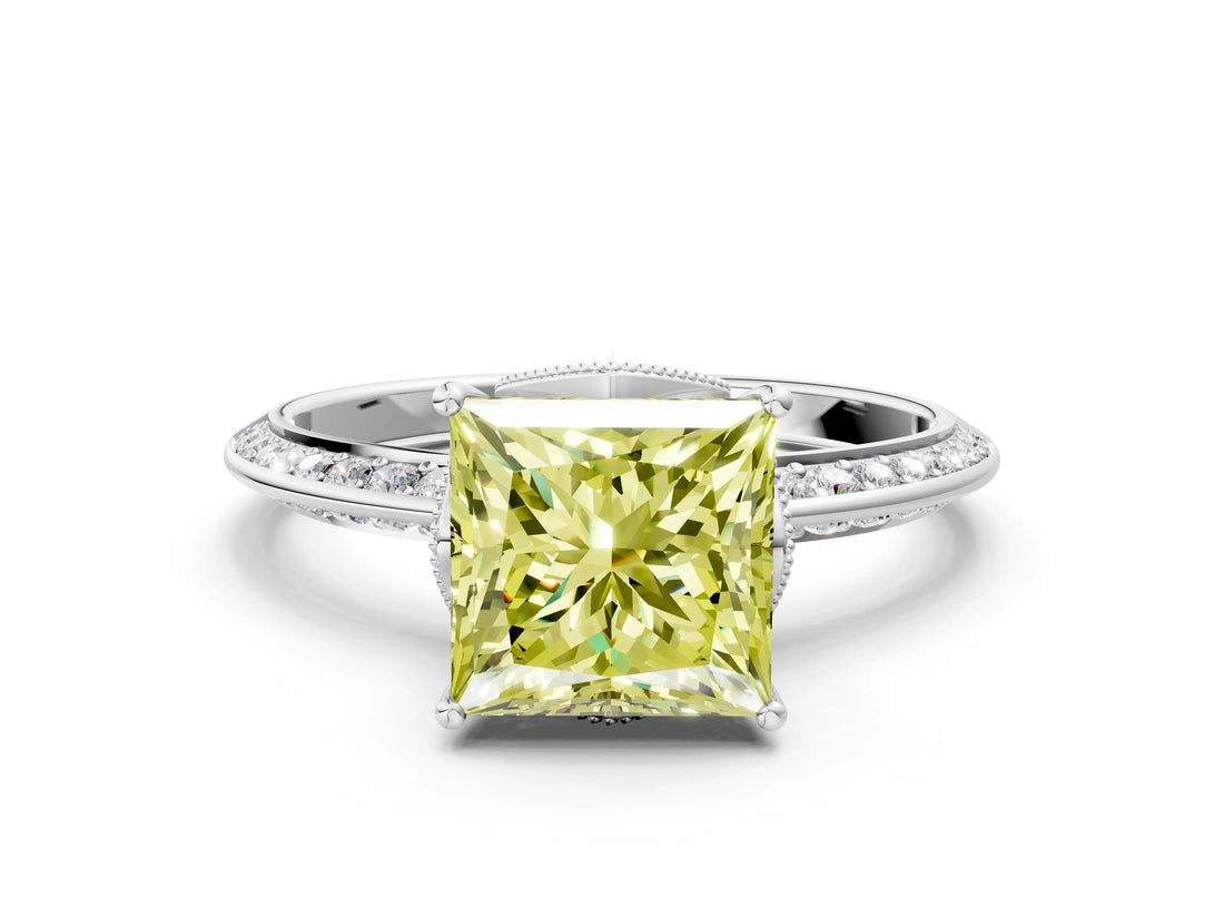 White gold Fancy Yellow Princess Cut Solitaire Split Shank Pave Diamond Engagement Ring with Four-Prong Setting_24