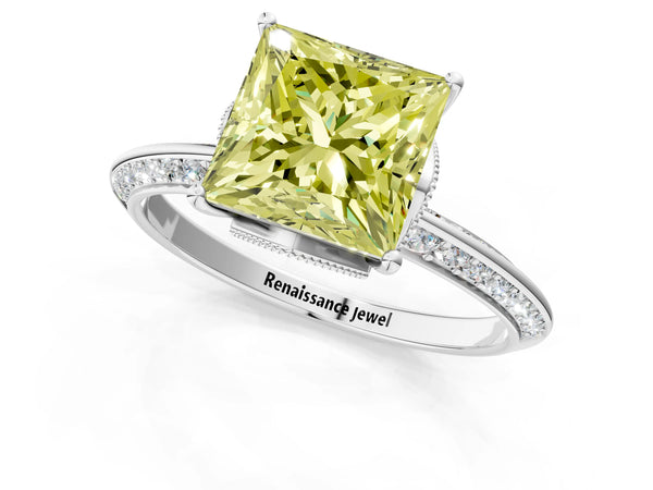 White Gold Princess Cut Graduated Pave Engagement Ring Setting for Fancy Yellow Center