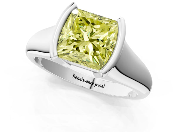 Platinum Fancy Yellow Princess Cut Solitaire Tension Set Diamond Ring with Split Shank Band