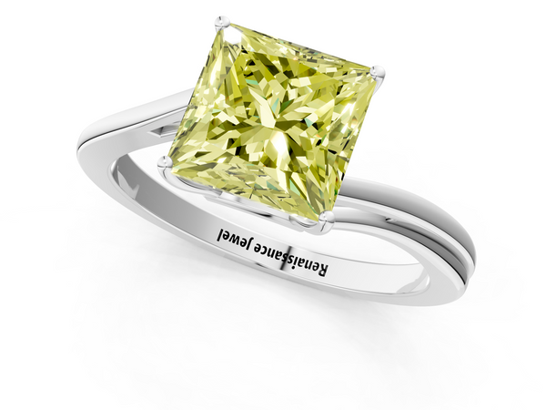 Platinum Fancy Yellow Princess  Cut Solitaire Twist Band Ring with Four-Prong Setting