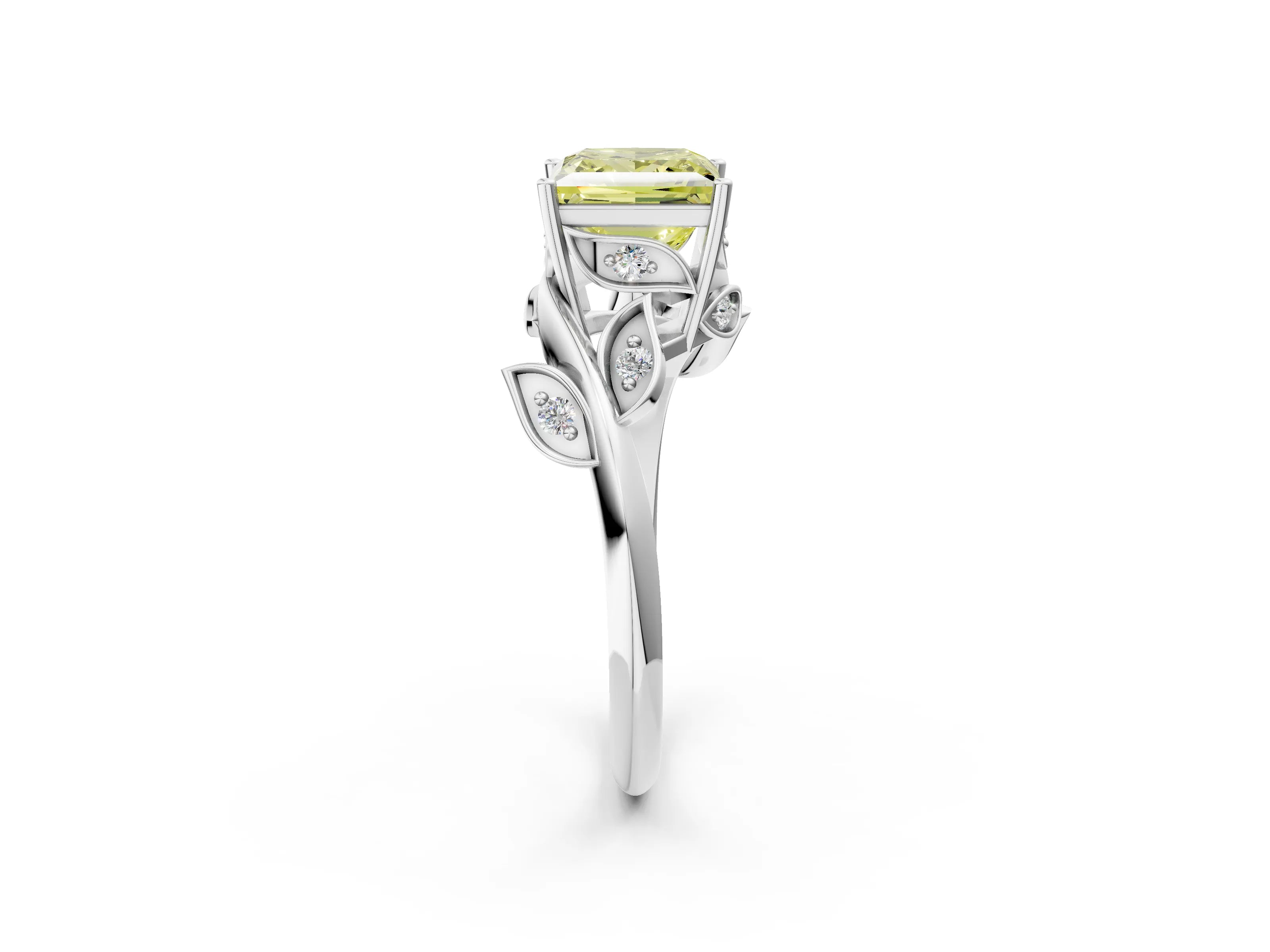 White gold Fancy Yellow Princess Cut Solitaire Twist Engagement Ring with Leaf Accents and Prong Setting_14