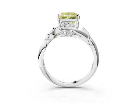 White gold Fancy Yellow Princess Cut Solitaire Twist Engagement Ring with Leaf Accents and Prong Setting_15
