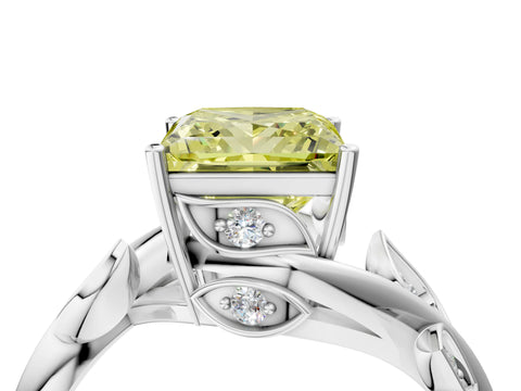 White gold Fancy Yellow Princess Cut Solitaire Twist Engagement Ring with Leaf Accents and Prong Setting_16