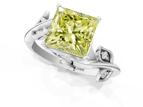White gold Fancy Yellow Princess Cut Solitaire Twist Engagement Ring with Leaf Accents and Prong Setting_1