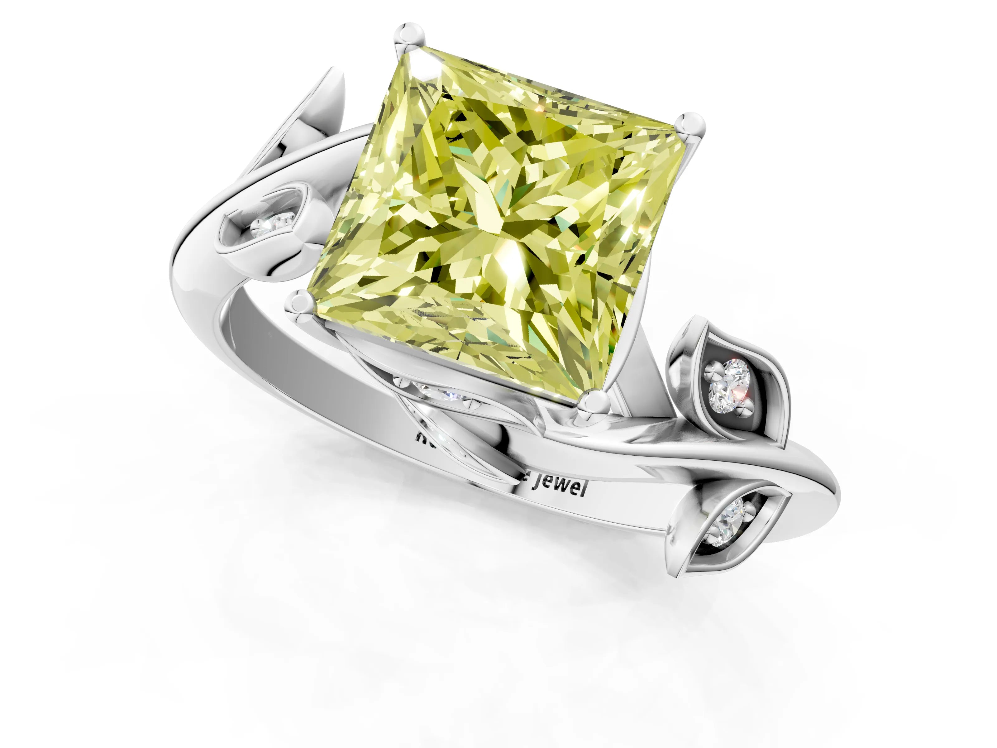 White gold Fancy Yellow Princess Cut Solitaire Twist Engagement Ring with Leaf Accents and Prong Setting_1