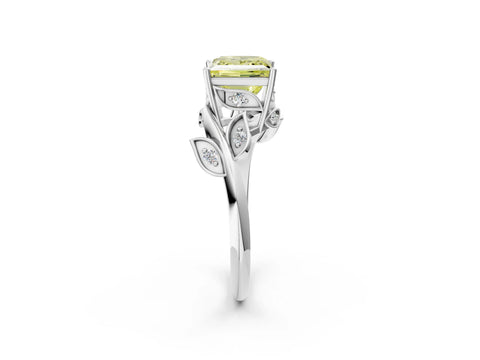 White gold Fancy Yellow Princess Cut Solitaire Twist Engagement Ring with Leaf Accents and Prong Setting_2