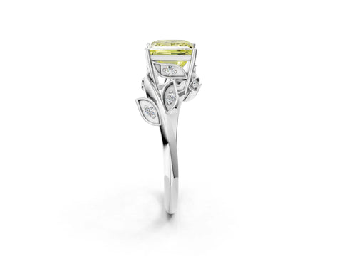 White gold Fancy Yellow Princess Cut Solitaire Twist Engagement Ring with Leaf Accents and Prong Setting_2