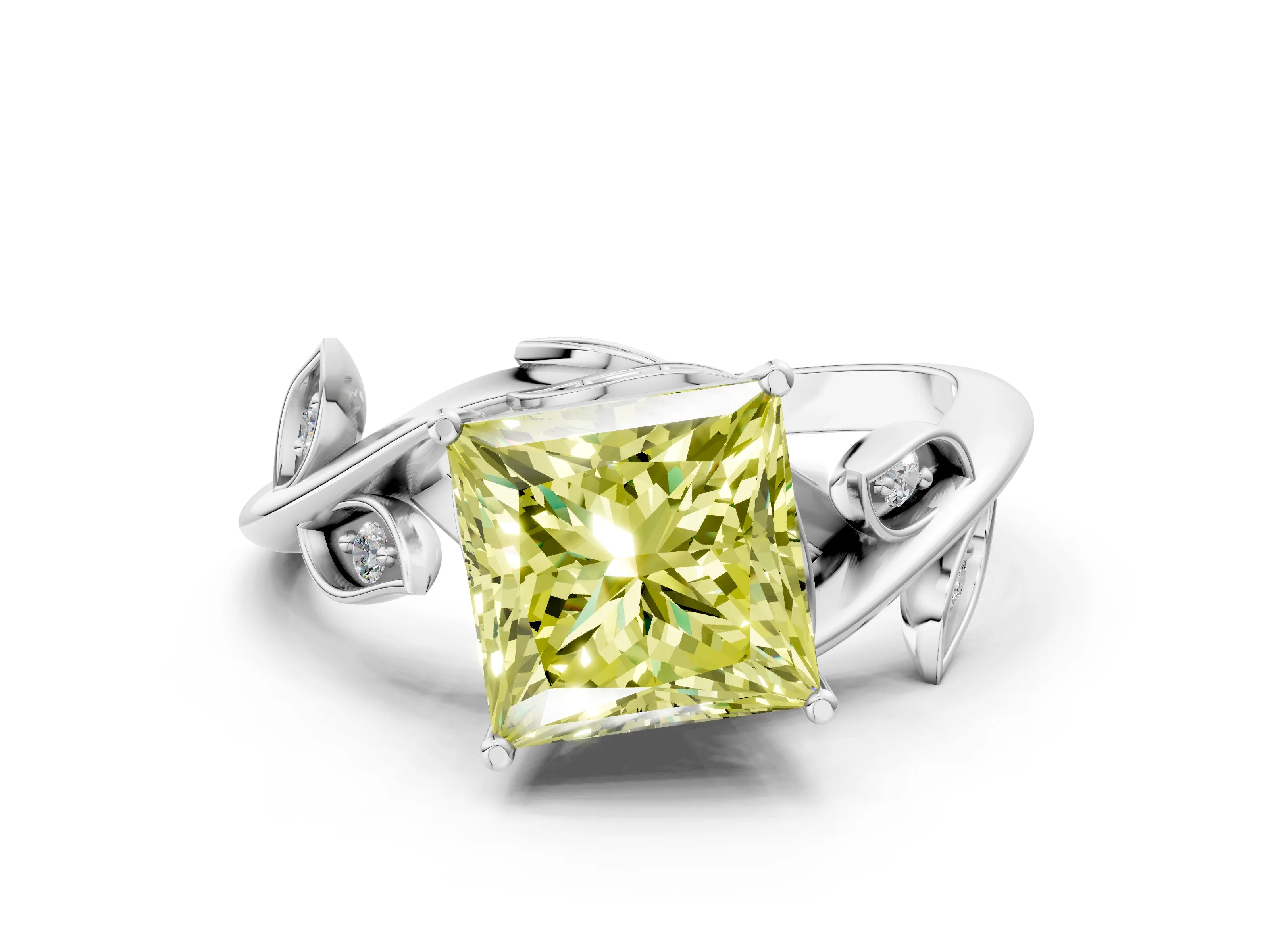 White gold Fancy Yellow Princess Cut Solitaire Twist Engagement Ring with Leaf Accents and Prong Setting