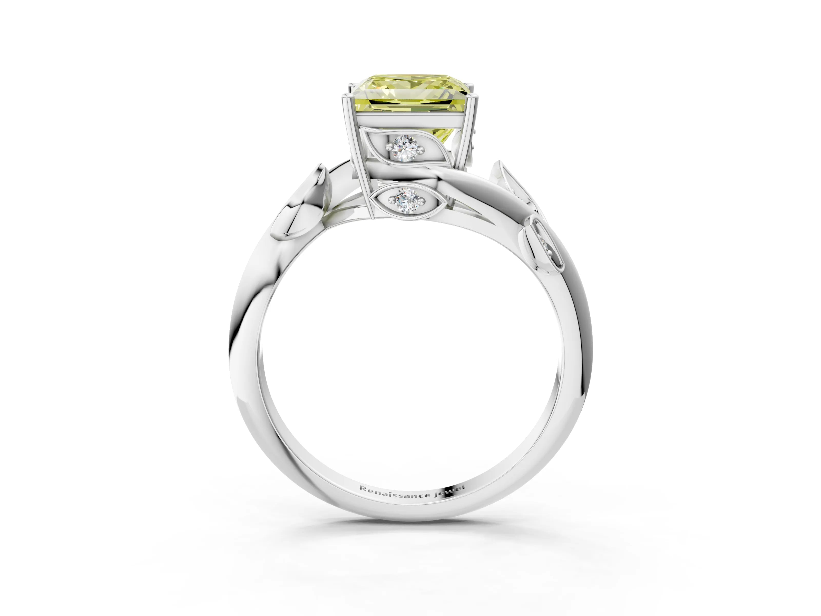 White gold Fancy Yellow Princess Cut Solitaire Twist Engagement Ring with Leaf Accents and Prong Setting_3