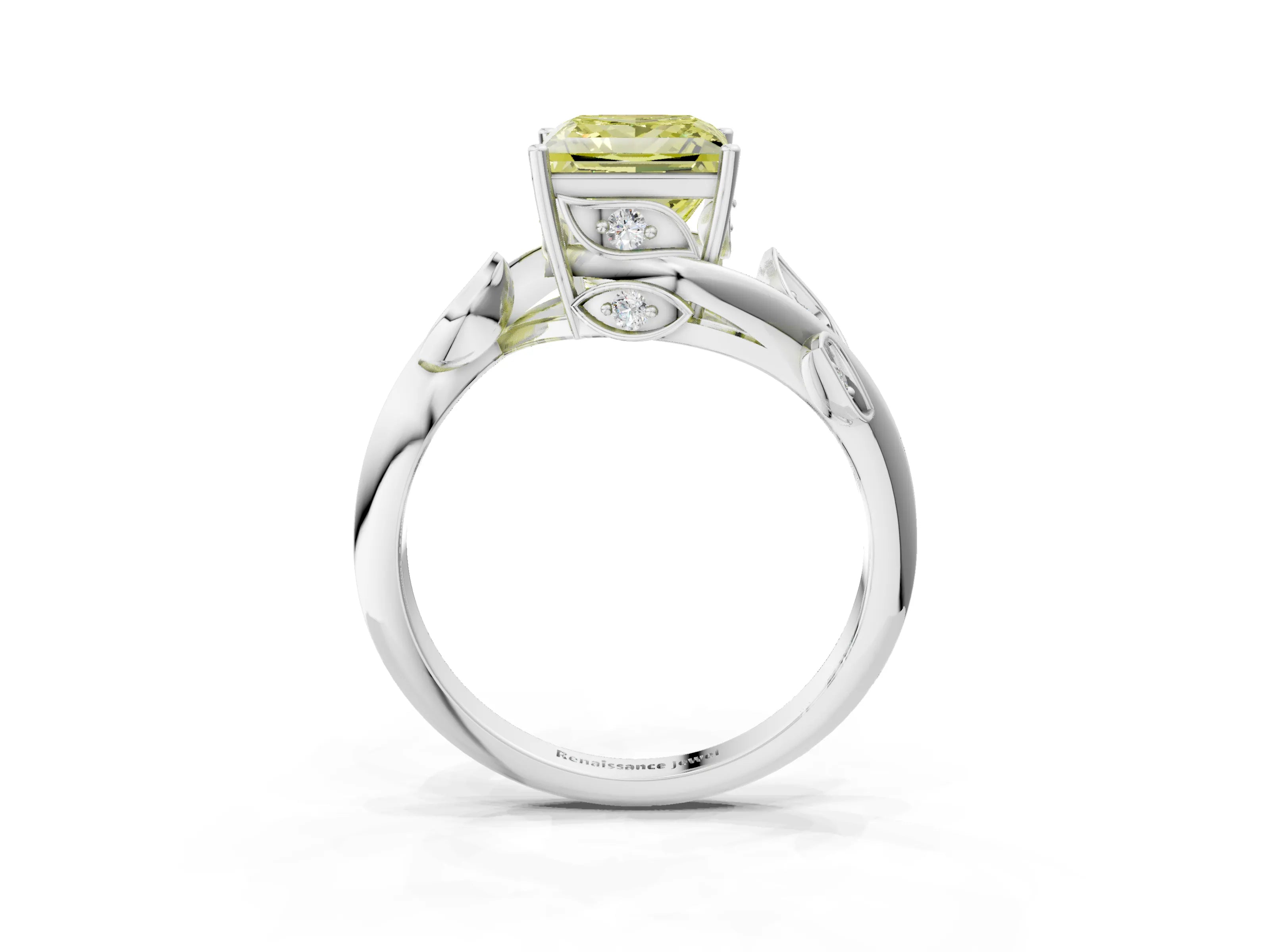 White gold Fancy Yellow Princess Cut Solitaire Twist Engagement Ring with Leaf Accents and Prong Setting_3