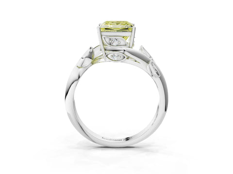 White gold Fancy Yellow Princess Cut Solitaire Twist Engagement Ring with Leaf Accents and Prong Setting_3