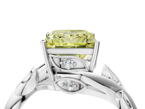 White gold Fancy Yellow Princess Cut Solitaire Twist Engagement Ring with Leaf Accents and Prong Setting_4