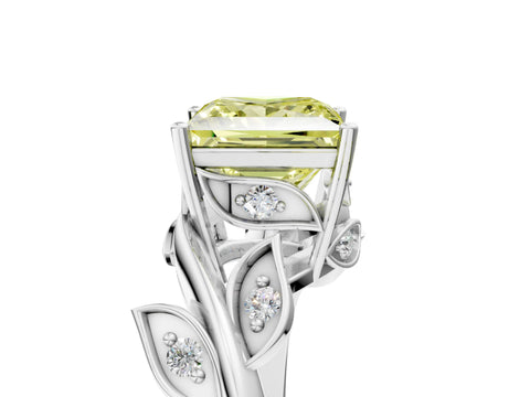 White gold Fancy Yellow Princess Cut Solitaire Twist Engagement Ring with Leaf Accents and Prong Setting_5