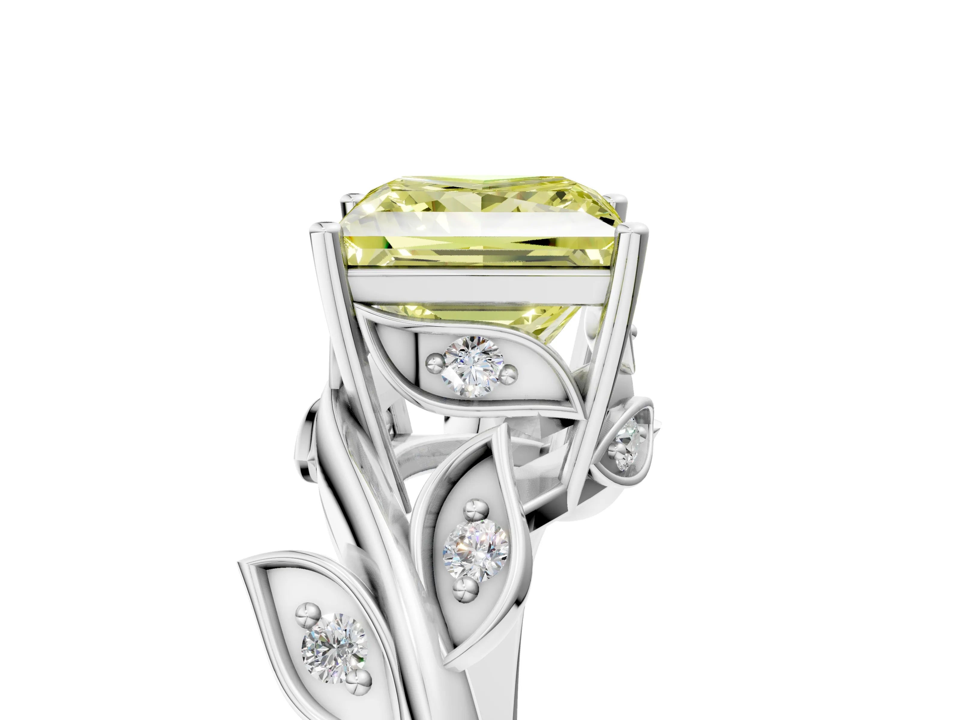 White gold Fancy Yellow Princess Cut Solitaire Twist Engagement Ring with Leaf Accents and Prong Setting_5
