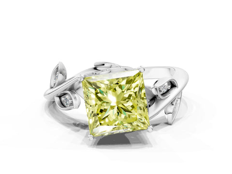 White gold Fancy Yellow Princess Cut Solitaire Twist Engagement Ring with Leaf Accents and Prong Setting