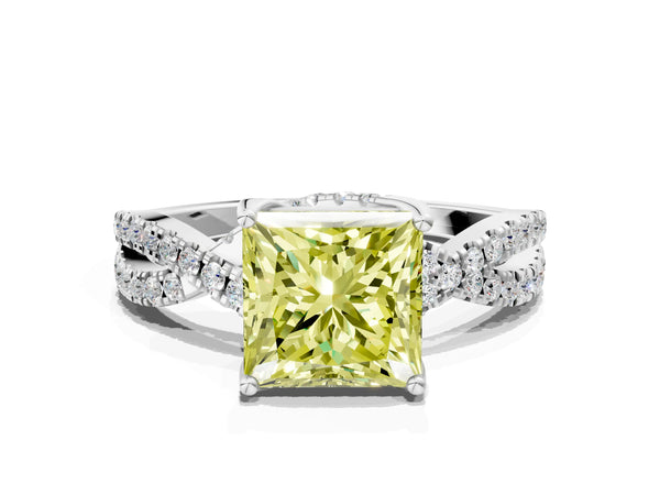 Platinum Fancy Yellow Princess Cut Solitaire Twist Pave Diamond Engagement Ring with Prong Setting