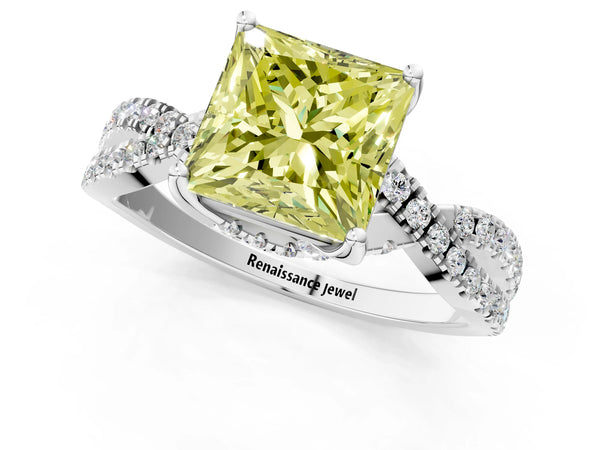 Platinum Fancy Yellow Princess Cut Solitaire Twist Pave Diamond Engagement Ring with Prong Setting
