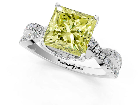 White gold Fancy Yellow Princess Cut Solitaire Twist Pave Diamond Engagement Ring with Prong Setting_1