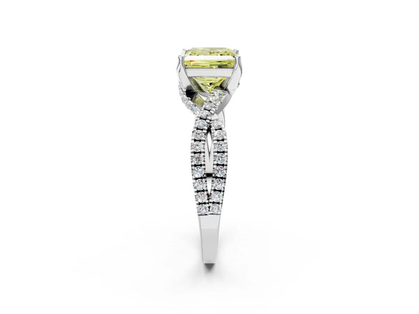 Platinum Fancy Yellow Princess Cut Solitaire Twist Pave Diamond Engagement Ring with Prong Setting